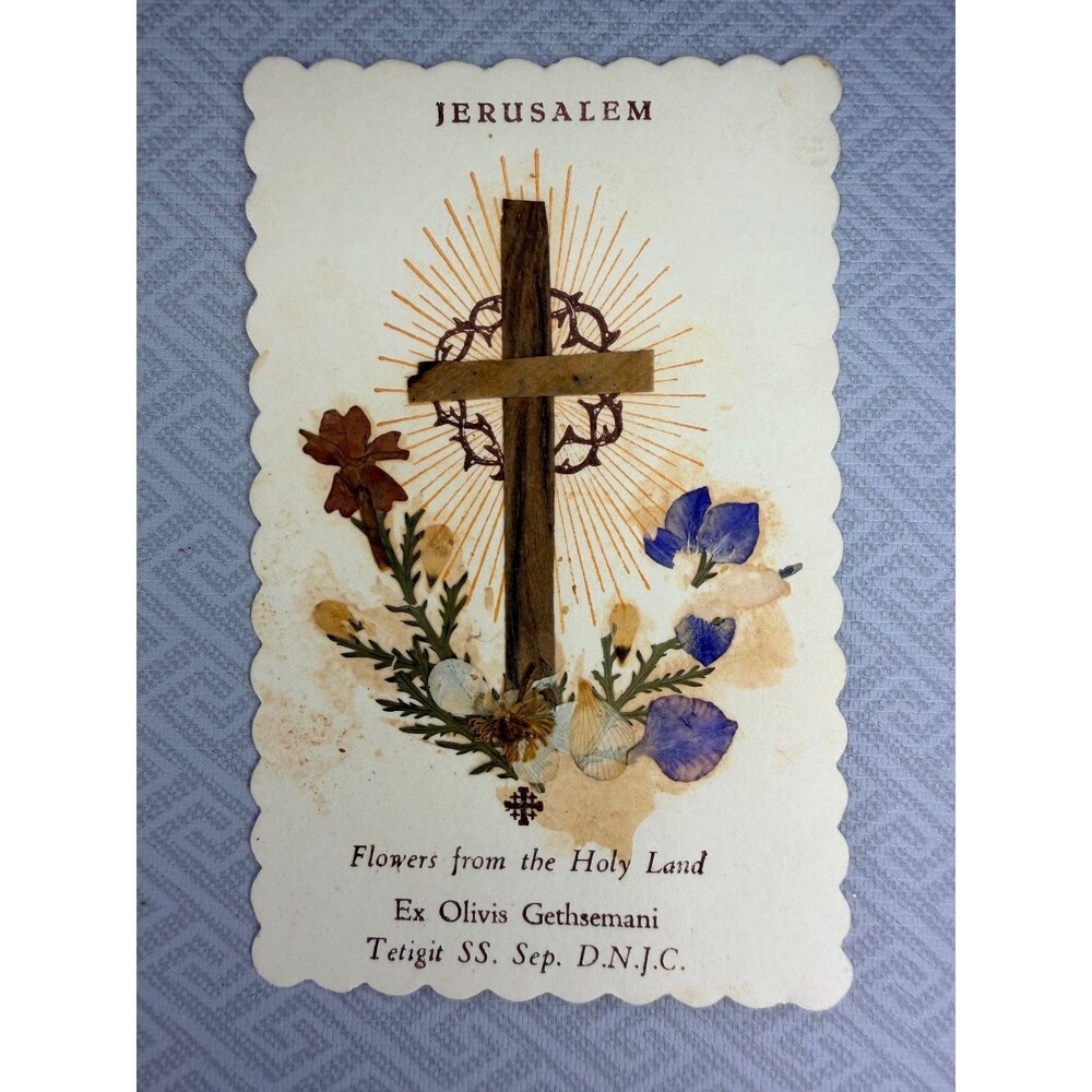 Vintage Holy Card Jerusalem Holy Land Pressed Flowers Gethsemane Cross Religious